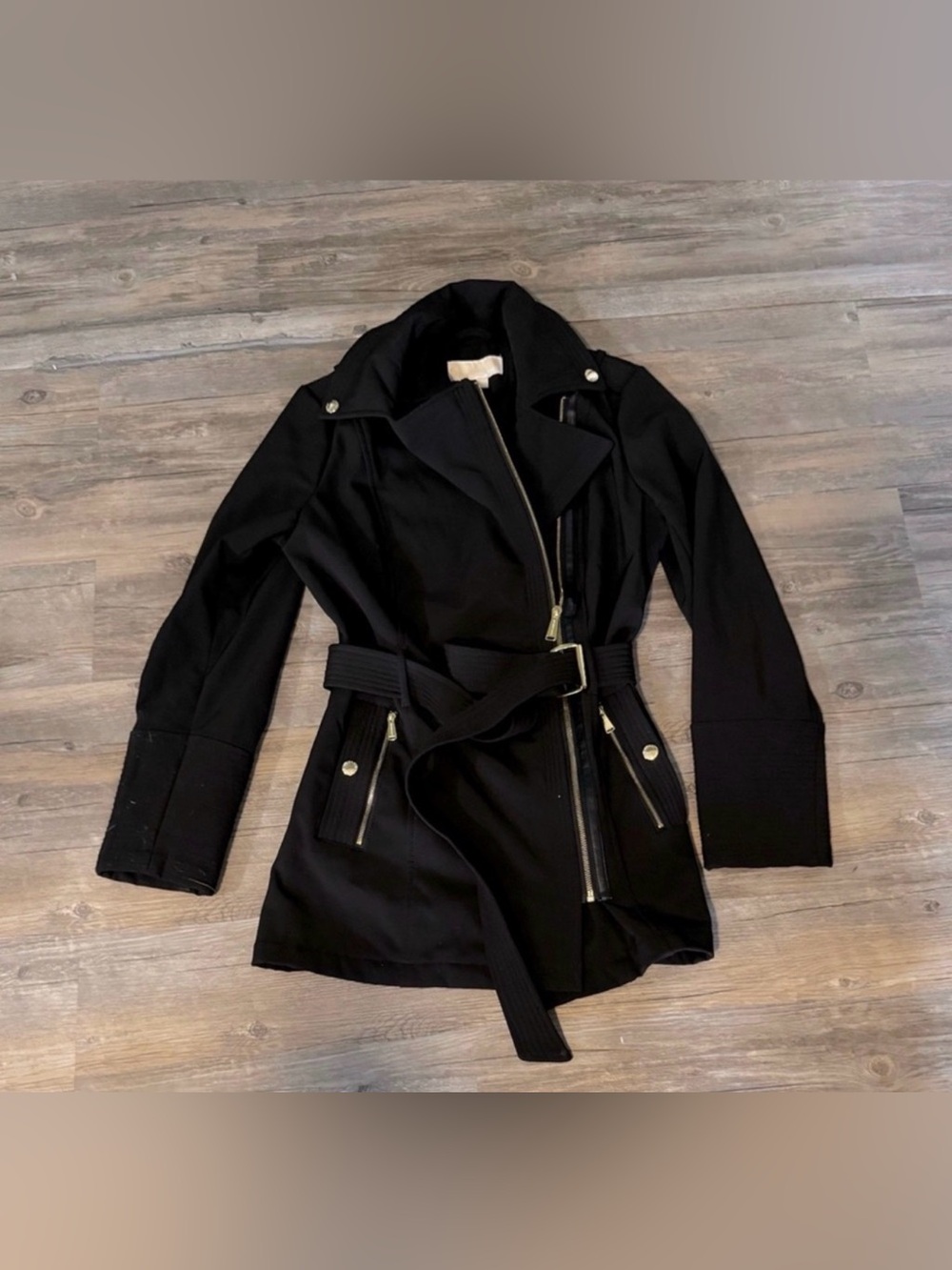 Michael Kors Asymmetrical Zip Belted Black Trench Coat Size Small
